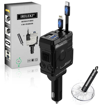 IRILEKI 4-in-1 Retractable Fast Car Charger with Safety Hammer