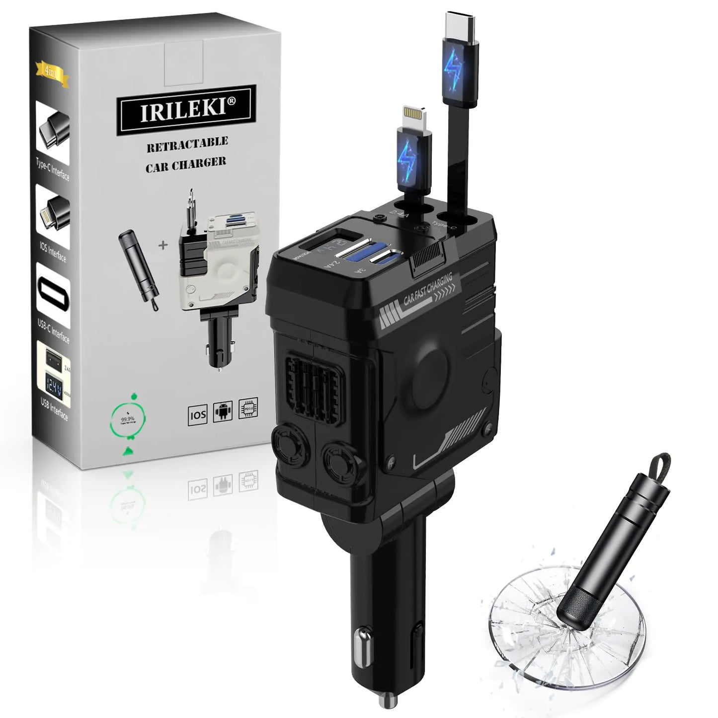 IRILEKI 4-in-1 Retractable Fast Car Charger with Safety Hammer